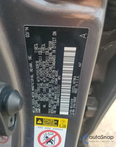 2014 Toyota Highlander Le from USA, damaged, VIN 5TDBKRFH3ES032353